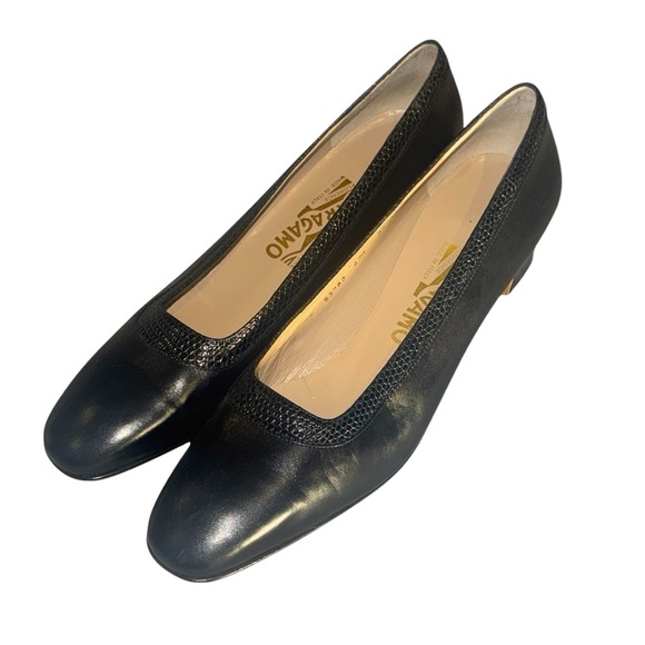 Brand New Ferragamo Leather Block Heel Pumps w/ Lizard Trim...